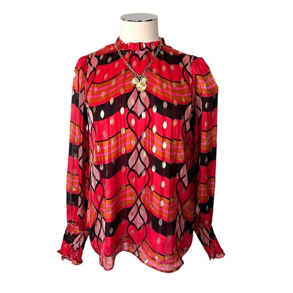 New JOIE Multicolored Ruffle Mandarin Collar Puff Sleeve Blouse Gold Accent Sz M - Picture 5 of 12